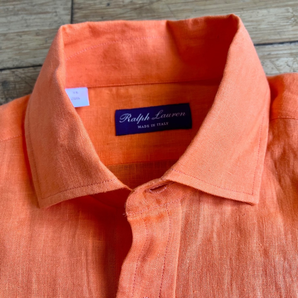 Men’s Ralph Lauren Purple Label Orange Linen Slim Fit Shirt, Size 15
